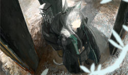 Rule 34 | 1girl, animal ears, arknights, backpack, bag, black cloak, black coat, black footwear, black gloves, book, boots, cat ears, cat girl, cat tail, cloak, coat, commentary, english commentary, from above, full body, gloves, grey eyes, grey hair, highres, holding, holding book, hood, hood down, hooded cloak, long hair, long sleeves, looking at viewer, looking up, moeviu s, open cloak, open clothes, pillar, rhodes island logo (arknights), rosmontis (arknights), sidelocks, solo, tail