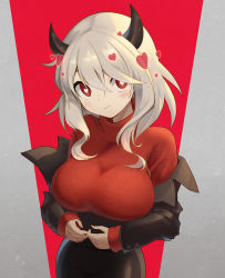 Rule 34 | 1girl, black horns, blush, breasts, closed mouth, hair between eyes, heart, heart-shaped pupils, helltaker, highres, horns, large breasts, long sleeves, modeus (helltaker), red eyes, red sweater, short hair, solo, sweater, symbol-shaped pupils, turtleneck, turtleneck sweater, white hair, z.o.b