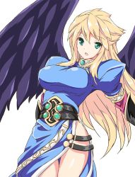Rule 34 | 1girl, angel wings, blonde hair, blue eyes, breasts, breath of fire, breath of fire ii, commentary request, dress, large breasts, long hair, looking at viewer, nina (breath of fire ii), open mouth, purple wings, side slit, simple background, solo, white background, wings
