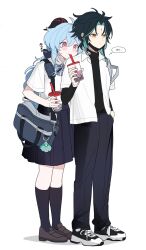Rule 34 | 1boy, 1girl, ahoge, annlin, bag, black hair, black pants, black sleeves, black socks, blue hair, brown footwear, bubble tea, closed mouth, dot nose, drinking, facial mark, forehead mark, full body, ganyu (genshin impact), genshin impact, green hair, hair between eyes, hand in pocket, head on another&#039;s shoulder, highres, holding, legs together, long hair, long sleeves, mask, medium hair, mouth mask, pants, red eyes, school bag, school uniform, shirt, shoes, short sleeves, simple background, slit pupils, sneakers, socks, standing, thought bubble, translation request, white background, white shirt, xiao (genshin impact), yellow eyes