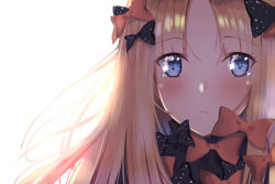 Rule 34 | 1girl, abigail williams (fate), black bow, black dress, blonde hair, blue eyes, blush, bow, closed mouth, crying, crying with eyes open, dress, fate/grand order, fate (series), hair between eyes, hair bow, long hair, looking at viewer, miamuly, orange bow, polka dot, polka dot bow, simple background, solo, sunlight, tears, white background