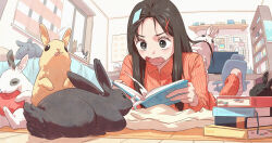Rule 34 | 1girl, animal, animal on back, bed, bed sheet, biting hair, black hair, blanket, book, book stack, bookmark, bookshelf, cameo, carpet, chair, ddini, desk, eating, food, fruit, green eyes, hair ornament, hairclip, highres, indoors, long hair, looking at viewer, looking away, lying, monitor, mononoke hime, no shoes, office chair, on bed, on stomach, open mouth, original, pajamas, rabbit, reading, socks, swivel chair, window, wooden floor, x hair ornament