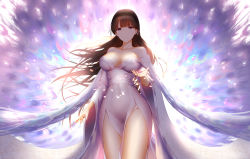 Rule 34 | 1girl, an yasuri, bad id, bad pixiv id, breasts, brown hair, cleavage, closed mouth, collarbone, dress, feathers, floating hair, hair ornament, hand up, highres, large breasts, long hair, looking at viewer, off-shoulder dress, off shoulder, peacock feathers, pelvic curtain, petals, purple eyes, sash, sidelocks, smile, thighs, very long hair, wind