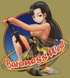 Rule 34 | 10s, 1girl, abazu-red, asymmetrical hair, black eyes, black hair, breasts, girls und panzer, hair in own mouth, highres, japanese clothes, katana, kimono, long hair, md5 mismatch, medium breasts, nishi kinuyo, no bra, nose art, obi, off shoulder, resized, resolution mismatch, sash, solo, source larger, sword, topless, twitter username, weapon