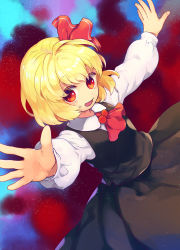 Rule 34 | 1girl, black dress, blonde hair, blue background, collar, dress, eyes visible through hair, hair between eyes, hair ribbon, hands up, long sleeves, looking at viewer, multicolored background, open mouth, red background, red eyes, red neckwear, red ribbon, ribbon, rumia, short hair, smile, solo, tomobe kinuko, touhou, white collar, white sleeves
