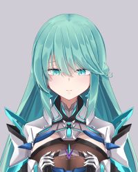 Rule 34 | 1girl, alternate hairstyle, chest jewel, earrings, gloves, green eyes, green hair, grey background, highres, jewelry, long hair, pneuma (xenoblade), sarasadou dan, simple background, small hands, spoilers, swept bangs, upper body, very long hair, xenoblade chronicles (series), xenoblade chronicles 2