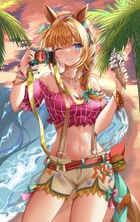 Rule 34 | 1girl, absurdres, animal ears, bad id, bad pixiv id, bare shoulders, beach, belt, blue eyes, blush, bracelet, braid, braided ponytail, breasts, brown hair, burger, camera, cleavage, cloud, collarbone, commentary, cowboy shot, crop top, ear piercing, food, grin, groin, hair between eyes, hair ornament, hair ribbon, hand up, highres, holding, holding camera, holding food, horse ears, horse girl, horse tail, ice cream, jewelry, large breasts, long hair, looking at viewer, midriff, navel, necklace, ocean, off-shoulder shirt, off shoulder, official alternate costume, one eye closed, palm tree, piercing, pink shirt, red belt, ribbon, sachiko nya, shirt, short shorts, shorts, sidelocks, smile, soft serve, solo, standing, star (symbol), star necklace, sunset, suspender shorts, suspenders, taiki shuttle (bubblegum memories) (umamusume), taiki shuttle (umamusume), tail, teeth, tree, umamusume, white shorts