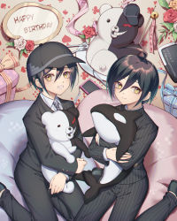 Rule 34 | 2boys, absurdres, ahoge, artist name, black hair, black headwear, black jacket, black pants, box, brown eyes, cake, cellphone, character name, commentary request, danganronpa (series), danganronpa v3: killing harmony, dated, diagonal-striped clothes, diagonal-striped necktie, diagonal-striped neckwear, dual persona, ewa (seraphhuiyu), flower, food, fork, gift, gift box, grin, hair between eyes, happy birthday, hat, highres, hugging doll, hugging object, jacket, knife, long sleeves, looking at viewer, male focus, monokuma, multiple boys, necktie, open mouth, pants, phone, plate, playing card theme, red flower, red rose, rose, saihara shuichi, school uniform, shirt, short hair, sitting, smile, striped clothes, striped neckwear, striped pants, stuffed animal, stuffed orca, stuffed toy, teddy bear, vertical stripes, white shirt, wing collar