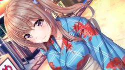 Rule 34 | 1girl, ai kiss 2, blonde hair, blush, breasts, brown eyes, closed mouth, dutch angle, facing viewer, female focus, floor, from above, game cg, giga (company), happy, highres, japanese clothes, kimono, kirisawa saki, large breasts, long hair, looking at viewer, obi, original, outdoors, sakurada an, sash, smile, solo, standing, twintails, upper body, wide sleeves