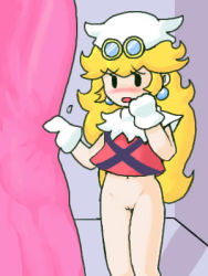 Rule 34 | 1girl, alternate costume, artist request, blonde hair, blouse, blush, bottomless, cleft of venus, cosplay, earrings, feet out of frame, gloves, goggles, goggles on head, jewelry, legs together, long hair, lowres, mario (series), mask, midriff peek, navel, nervous, nintendo, official style, paper mario, paper mario: the thousand year door, princess peach, pussy, red shirt, shadow, shirt, sleeveless, sleeveless shirt, solo, standing, super mario bros. 1, super mario rpg, tagme, third-party source, uncensored, white gloves, x-naut, x-naut (cosplay)