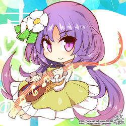 Rule 34 | 1girl, barefoot, biwa lute, brown dress, chain, chibi, closed mouth, dress, flower, frilled dress, frills, gold chain, hair flower, hair ornament, happy, instrument, long hair, long sleeves, looking at viewer, lute (instrument), music, musical note, playing instrument, purple eyes, purple hair, smile, touhou, tsukumo benben, twintails, umigarasu (kitsune1963)