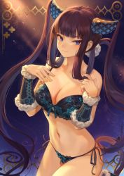 Rule 34 | 1girl, bare shoulders, blue bra, blue eyes, blue panties, blunt bangs, blush, bra, breasts, cleavage, closed mouth, detached sleeves, fate/grand order, fate (series), gradient background, hair ornament, hands on own chest, highres, large breasts, light rays, long hair, looking at viewer, mashuu (neko no oyashiro), navel, panties, purple background, purple hair, sidelocks, smile, twintails, underwear, underwear only, very long hair, yang guifei (fate), yang guifei (second ascension) (fate)