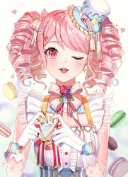 Rule 34 | 1girl, bang dream!, beads, blue hat, blush, bow, bracelet, breasts, candy, center frills, checkerboard cookie, choker, cookie, drill hair, earrings, food, food-themed earrings, food-themed ornament, frilled hat, frills, gloves, hair beads, hair ornament, hair ribbon, hairclip, hat, hat ribbon, heart, hex tails, highres, jewelry, looking at viewer, macaron, marble (toy), maruyama aya, md5 mismatch, mini hat, mini top hat, mouth hold, one eye closed, pink eyes, pink hair, pink ribbon, pocky, posom, red eyes, resolution mismatch, ribbon, ribbon choker, ringlets, see-through, sidelocks, smile, solo, source smaller, swept bangs, top hat, upper body, white background, white gloves