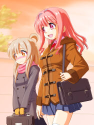 Rule 34 | 2girls, :d, absurdres, ahoge, bag, bekicon, blonde hair, blue sky, blush, brown coat, buttons, coat, commentary request, double-breasted, gloves, grey coat, highres, hozuki kaede, long hair, long sleeves, miniskirt, multiple girls, nose blush, onii-chan wa oshimai!, open mouth, orange eyes, outdoors, oyama mahiro, pink eyes, pink hair, pink scarf, pleated skirt, scarf, skirt, sky, smile, thighhighs, wavy mouth, yellow gloves, zettai ryouiki