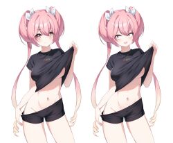 Rule 34 | 1girl, absurdres, black shirt, black shorts, breasts, clothes lift, drill hair, gradient hair, highres, large breasts, lifting own clothes, long hair, looking at viewer, midriff, multicolored hair, multiple views, navel, open mouth, original, pink eyes, pink hair, shirt, shirt lift, short shorts, short sleeves, shorts, simple background, smile, stomach, thighs, twin drills, twintails, ugwa, very long hair, white background
