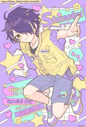 Rule 34 | 1boy, blonde hair, character name, closed mouth, emoji, ensemble stars!, full body, grey pants, hair over one eye, heart, highres, jewelry, male focus, manamoko (fancy surprise!), multicolored hair, multicolored shirt, necklace, one eye covered, pants, purple background, purple hair, purple shirt, sengoku shinobu, shirt, short hair, short sleeves, smile, solo, star (symbol), yellow eyes, yellow shirt