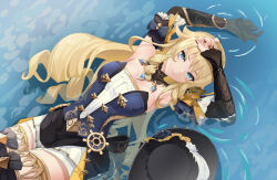 Rule 34 | 1girl, absurdres, armpits, arms up, bare shoulders, black gloves, blonde hair, blue eyes, bow, breasts, brown nails, cleavage, closed mouth, detached collar, detached sleeves, dress, drill hair, genshin impact, gloves, hat, highres, jewelry, large breasts, long hair, looking at viewer, lying, nail polish, navia (genshin impact), on back, partially submerged, shorts, sidelocks, single glove, skirt, smile, solo, strapless, thighhighs, unworn hat, unworn headwear, vision (genshin impact), water, zx2543128