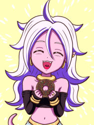 Rule 34 | 1girl, :3, :d, android 21, bare shoulders, breasts, cleavage, colored skin, detached sleeves, doughnut, dragon ball, dragon ball fighterz, earrings, closed eyes, fangs, food, hair between eyes, hoop earrings, jewelry, koyukiyasu, long hair, majin android 21, midriff, nail polish, navel, open mouth, pink skin, smile, solo, strapless, tail, tube top, uvula, yellow background