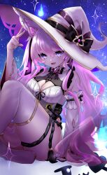 Rule 34 | 1girl, absurdres, animal ears, black bow, black bowtie, boots, bow, bowtie, breasts, cat ears, cat girl, cleavage, cleavage cutout, clothing cutout, detached sleeves, fangs, gold trim, hair between eyes, hat, hat bow, highres, indie virtual youtuber, long hair, nyatasha nyanners, open mouth, pink gemstone, pink hair, purple eyes, sitting, sky, star (sky), starry sky, thigh boots, tobosigen, virtual youtuber, white footwear, white hat, white sleeves, will-o&#039;-the-wisp (mythology), witch hat