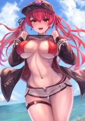 bikini bikini_top_only bikini_under_clothes breasts clothes_lift denchi_more_power highres hololive houshou_marine houshou_marine_(summer) short_shorts shorts swimsuit virtual_youtuber