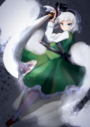 Rule 34 | 1girl, absurdres, ankle socks, arm up, artistic error, black hairband, black ribbon, blue eyes, closed mouth, commentary request, frilled skirt, frills, full body, green skirt, green vest, grey background, grey hair, hair ribbon, hairband, highres, hitodama, holding, holding sword, holding weapon, katana, knee up, konpaku youmu, konpaku youmu (ghost), light particles, long sleeves, looking at viewer, no nose, red footwear, refuson man, ribbon, scabbard, serious, sheath, shirt, shoes, short hair, skirt, skirt set, socks, solo, standing, standing on one leg, sword, touhou, unfinished, unsheathed, vest, weapon, white shirt, white socks
