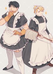 Rule 34 | 1boy, 1girl, alternate costume, apron, black dress, black eyes, black hair, blonde hair, broom, closed mouth, commentary, crossdressing, dress, english commentary, enmaided, fullmetal alchemist, gloves, hand on own chin, highres, holding, holding broom, maid, maid day, maid headdress, open mouth, orange eyes, raicchi (raicchi96), riza hawkeye, roy mustang, short sleeves, smile, standing, thighhighs, waist apron, white apron, white thighhighs