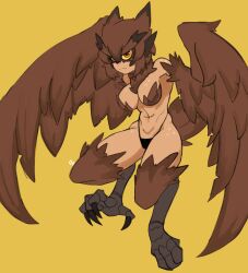 Rule 34 | 1girl, absurdres, bare shoulders, bird legs, bird tail, black panties, breasts, brown feathers, brown wings, colored sclera, doce, feathered wings, feathers, freckles, frown, hair between eyes, harpy, highleg, highleg panties, highres, long eyebrows, looking at viewer, medium breasts, monster girl, neck fur, original, owl girl, panties, red eyes, simple background, solo, tail, talons, underwear, wings, yellow background, yellow sclera