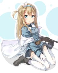 Rule 34 | 1girl, :o, absurdres, belt, belt buckle, black footwear, blue eyes, blue hairband, blue jacket, blue skirt, blush, boots, brown belt, buckle, cape, commentary, girls&#039; frontline, gloves, gun, hair between eyes, hair ornament, hairband, highres, j young, jacket, light brown hair, long hair, long sleeves, looking at viewer, one side up, parted lips, sitting, skirt, snowflake hair ornament, solo, striped clothes, striped skirt, submachine gun, suomi (girls&#039; frontline), suomi kp/-31, thighhighs, vertical-striped clothes, vertical-striped skirt, very long hair, wariza, weapon, white cape, white gloves, white thighhighs