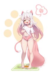 Rule 34 | 1girl, ;3, absurdres, ahoge, animal ear fluff, animal ears, barefoot, blush stickers, brown eyes, cat ears, cat girl, cat tail, feet, full body, hand under clothes, hand under shirt, highres, komi (trickcal), legs, long hair, messy hair, navel, off shoulder, one eye closed, open mouth, pillow, pink shorts, shirt, short shorts, short sleeves, shorts, solo, standing, stomach, tail, thighs, toes, toriseru (rare stone), trickcal, white hair, white shirt, yawning