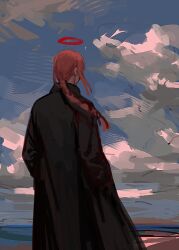 Rule 34 | 1girl, black coat, braid, chainsaw man, coat, commentary, dark halo, day, english commentary, facing away, from behind, halo, hands in pockets, long hair, long sleeves, makima (chainsaw man), outdoors, red hair, sidelocks, sketch, sky, solo, solraka