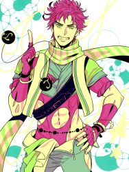 Rule 34 | 1boy, a s h e s, abs, bad id, bad pixiv id, bola (weapon), fingerless gloves, gloves, green eyes, grin, groin, hand on own hip, jacket, jojo no kimyou na bouken, joseph joestar, joseph joestar (young), male focus, midriff, navel, official alternate costume, partially colored, pointing, red hair, scarf, skin tight, sleeves rolled up, smile, solo, striped clothes, striped scarf, toned, vest