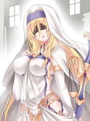 Rule 34 | 10s, 1girl, absurdres, armlet, blindfold, blonde hair, breasts, bridal gauntlets, dress, facing viewer, goblin slayer!, gold, habit, highres, indoors, jewelry, large breasts, long hair, necklace, no bra, no panties, parted lips, pink lips, scales, solo, sword, sword maiden, very long hair, weapon, white dress, yaya chan