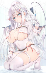 Rule 34 | 1girl, bat wings, blue eyes, blush, breasts, cleavage, cross, cross hair ornament, demon girl, demon tail, demon wings, gloves, hair between eyes, hair ornament, half gloves, hat, holding, holding syringe, inverted cross, kneeling, large breasts, long hair, long sleeves, looking at viewer, low wings, microskirt, no shoes, nurse, nurse cap, open mouth, original, revealing clothes, skindentation, skirt, solo, sune (mugendai), syringe, tail, thigh strap, thighhighs, two side up, white gloves, white hair, white skirt, white thighhighs, wings