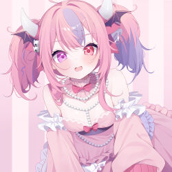 Rule 34 | 1girl, blush, bow, bowtie, breasts, collar, detached collar, detached sleeves, deyui, dress, fang, frilled dress, frills, heart, heart in eye, heterochromia, ironmouse, large breasts, long hair, looking at viewer, multicolored hair, open mouth, pink bow, pink bowtie, pink dress, pink eyes, pink hair, pink sleeves, purple hair, red eyes, sleeveless, sleeveless dress, streaked hair, symbol in eye, twintails, virtual youtuber, vshojo, white collar