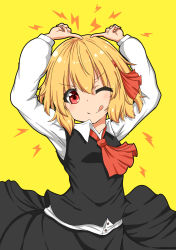 Rule 34 | 1girl, ;q, absurdres, arms up, ascot, black skirt, black vest, blonde hair, blush, closed mouth, collared shirt, hair between eyes, hair ribbon, head tilt, highres, index finger raised, lightning bolt symbol, long sleeves, looking at viewer, one eye closed, red ascot, red eyes, red ribbon, ribbon, rumia, scarlet mirin, shirt, short hair, simple background, skirt, smile, solo, tareme, tongue, tongue out, touhou, upper body, v-shaped eyebrows, vest, white shirt, wing collar, yellow background