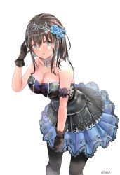 1girl absurdres armband bare_shoulders black_gloves black_hair black_pantyhose blue_dress blue_eyes blue_flower blue_rose breasts cleavage commentary_request cowboy_shot dress flower frilled_armband frills gloves hair_between_eyes hair_flower hair_ornament hairband highres idolmaster idolmaster_cinderella_girls idolmaster_cinderella_girls_starlight_stage jewelry large_breasts long_hair looking_at_viewer necklace pantyhose pendant pjkka rose sagisawa_fumika solo strapless strapless_dress white_background