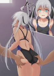Rule 34 | !?, 1girl, 2others, absurdres, ahoge, aqua eyes, ass, ass grab, black ribbon, black one-piece swimsuit, breasts, chiduru gon, chikan, competition swimsuit, cowboy shot, from behind, hair ribbon, highleg, highleg swimsuit, highres, inset, long hair, multiple others, one-piece swimsuit, original, ribbon, silver hair, small breasts, swimsuit