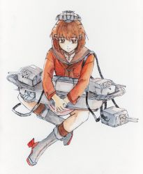 Rule 34 | adapted turret, brown eyes, brown hair, china dress, chinese clothes, closed mouth, commentary request, dodomori, dress, grey footwear, hair ornament, hairclip, headgear, highres, kantai collection, machinery, neckerchief, official alternate costume, orange sailor collar, red neckerchief, red shirt, rigging, sailor collar, sailor shirt, shirt, short hair, tan yang (kancolle), white dress, yukikaze (kancolle)