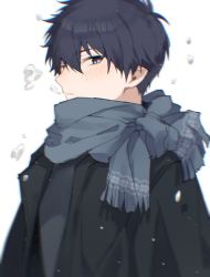 Rule 34 | 1boy, ao no exorcist, aoirnn, black coat, black hair, blue eyes, blue scarf, coat, grey background, highres, male focus, okumura rin, open clothes, open coat, parted lips, pointy ears, red pupils, scarf, simple background, slit pupils, snow, snowflake print, snowing, solo, upper body