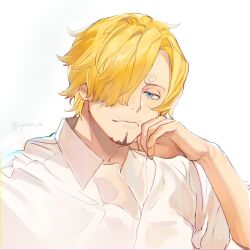 Rule 34 | 1boy, artist name, beard stubble, blonde hair, blue eyes, collared shirt, curly eyebrows, facial hair, hair over one eye, hand on own cheek, hand on own face, highres, long bangs, male focus, mustache stubble, one piece, sanji (one piece), shirt, short hair, simple background, stubble, upper body, white background, white shirt, ynnn m
