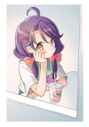 Rule 34 | 1girl, a&amp;w, ahoge, aozora middle school uniform, bow, cup, disposable cup, drinking straw, green sailor collar, hair bow, hair ornament, hairclip, head rest, kawanobe, looking at viewer, precure, purple bow, purple hair, red bow, sailor collar, school uniform, serafuku, short sleeves, sitting, solo, suzumura sango, tropical-rouge! precure, window, x hair ornament