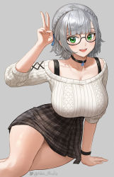 Rule 34 | 1girl, :d, arm support, bespectacled, black-framed eyewear, black choker, blunt bangs, blush, bra strap, bracelet, braid, breasts, choker, cleavage, colored eyelashes, crown braid, glasses, green eyes, grey background, hair ribbon, highres, hololive, hololive fantasy, jewelry, large breasts, lying, miniskirt, nhaliz, official alternate costume, on side, open mouth, plaid, plaid skirt, ribbon, shirogane noel, shirogane noel (casual), short hair, silver hair, sitting, skirt, smile, solo, sweater, thighs, v, virtual youtuber, white sweater