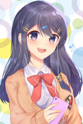 Rule 34 | 1girl, :d, blue eyes, blue hair, bow, cellphone, earbuds, earphones, edamameoka, fire emblem, hair ornament, hairclip, highres, holding, holding phone, long hair, long sleeves, looking at viewer, nintendo, open mouth, oribe tsubasa, phone, red bow, school uniform, sleeves past wrists, smartphone, smile, solo, teeth, tokyo mirage sessions fe, upper teeth only