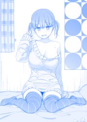 Rule 34 | 1girl, :d, blanket, blue theme, breasts, cleavage, collarbone, crumpled paper, curtains, dress, female focus, heavy breathing, himura kiseki, large breasts, looking at viewer, monochrome, no bra, no shoes, off shoulder, open mouth, original, paper, short hair, short twintails, sitting, sleeves past wrists, smile, solo, striped clothes, striped thighhighs, sweater, sweater dress, tareme, taut clothes, thick thighs, thighhighs, thighs, twintails, v, wariza, wide hips, zettai ryouiki