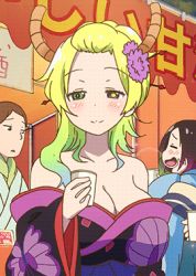 Rule 34 | 10s, 1girl, alternate hairstyle, animated, animated gif, bare shoulders, blush, breasts, cleavage, dragon girl, elma (maidragon), embarrassed, hair ornament, horns, japanese clothes, kobayashi-san chi no maidragon, large breasts, lowres, off shoulder, lucoa (maidragon), screencap, solo, ^^^, surprised, tagme