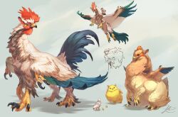 Rule 34 | 1other, animal ears, animal focus, beak, bird, bird tail, bird wings, chick, chicken, chimera, claws, creature, evolution, feathered wings, feathers, flying, full body, green background, griffin, monster, multiple views, original, riding, riding animal, rooster, signature, simple background, sitting, tail, wings, yamamura le, yellow eyes