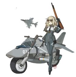 Rule 34 | 1girl, aircraft, airplane, animal ears, black gloves, blonde hair, bodysuit, character request, eyewear on head, frider, full body, gloves, gun, highres, holding, holding gun, holding weapon, jacket, looking at viewer, mecha musume, medium hair, motor vehicle, motorcycle, necktie, open mouth, personification, rifle, simple background, solo, sunglasses, vehicle focus, war thunder, weapon, white background, yellow eyes