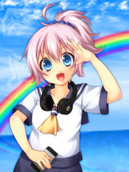 Rule 34 | 10s, 1girl, ahoge, aoba (kancolle), blue eyes, cellphone, headphones, highres, hirasawa yuu, holding, holding phone, kantai collection, looking at viewer, musical note, open mouth, phone, ponytail, purple hair, quaver, rainbow, smartphone, solo, star-shaped pupils, star (symbol), symbol-shaped pupils