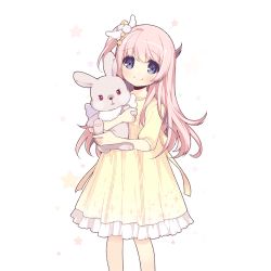 Rule 34 | 1girl, aged down, blue eyes, hair ornament, holding, holding stuffed toy, long hair, looking at viewer, nightgown, official art, one side up, pink hair, sleeves past wrists, smile, solo, stuffed animal, stuffed rabbit, stuffed toy, transparent background, uchi no hime-sama ga ichiban kawaii