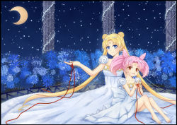 Rule 34 | 1990s (style), 2girls, age difference, bad id, bad pixiv id, barefoot, bishoujo senshi sailor moon, blonde hair, blue eyes, chibi usa, child, cone hair bun, crescent, crescent facial mark, crescent moon, double bun, dress, facial mark, forehead mark, gown, hair bun, hair ornament, hairpin, long hair, lyra-kotto, moon, mother and daughter, multiple girls, night, pink hair, princess, princess serenity, puffy sleeves, red eyes, retro artstyle, short hair, sitting, small lady serenity, smile, string, tsukino usagi, twintails, white dress